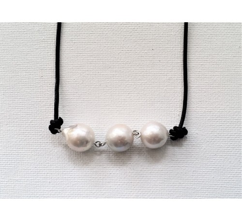 3 Baroque Pearls Leather Necklace - Black (LN-906029)