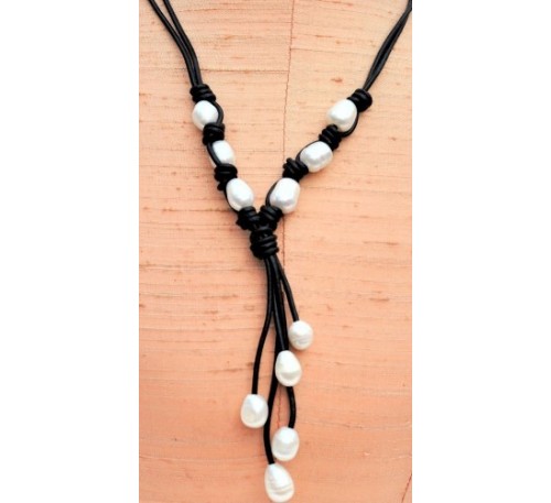 2 Strand Tassel Leather Pearl Necklace - Black (LN-907505)