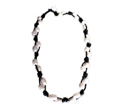 Braided Black Leather Pearl Necklace (LN-907501)