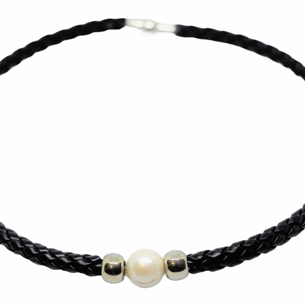 BOHO Single Pearl Choker Leather Necklace - Black (LN-903055)