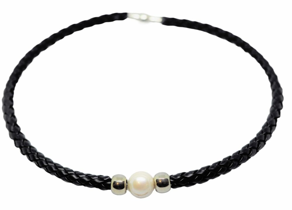BOHO Single Pearl Choker Leather Necklace - Black (LN-903055)