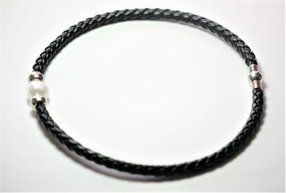 BOHO Single Pearl Choker Leather Necklace - Black (LN-903055)