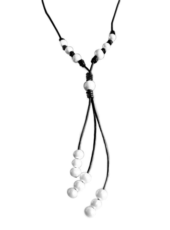 Long Tassel Leather Pearl Necklace (LN-907502)
